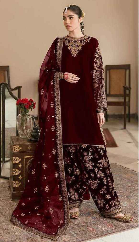 Baroque Velvet Heavy Embroidered Dress