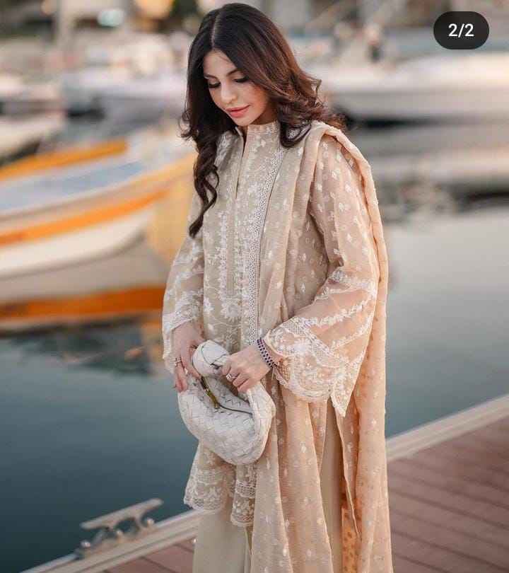 Chiffon 3Pc Suit With Malai Crap Trouser